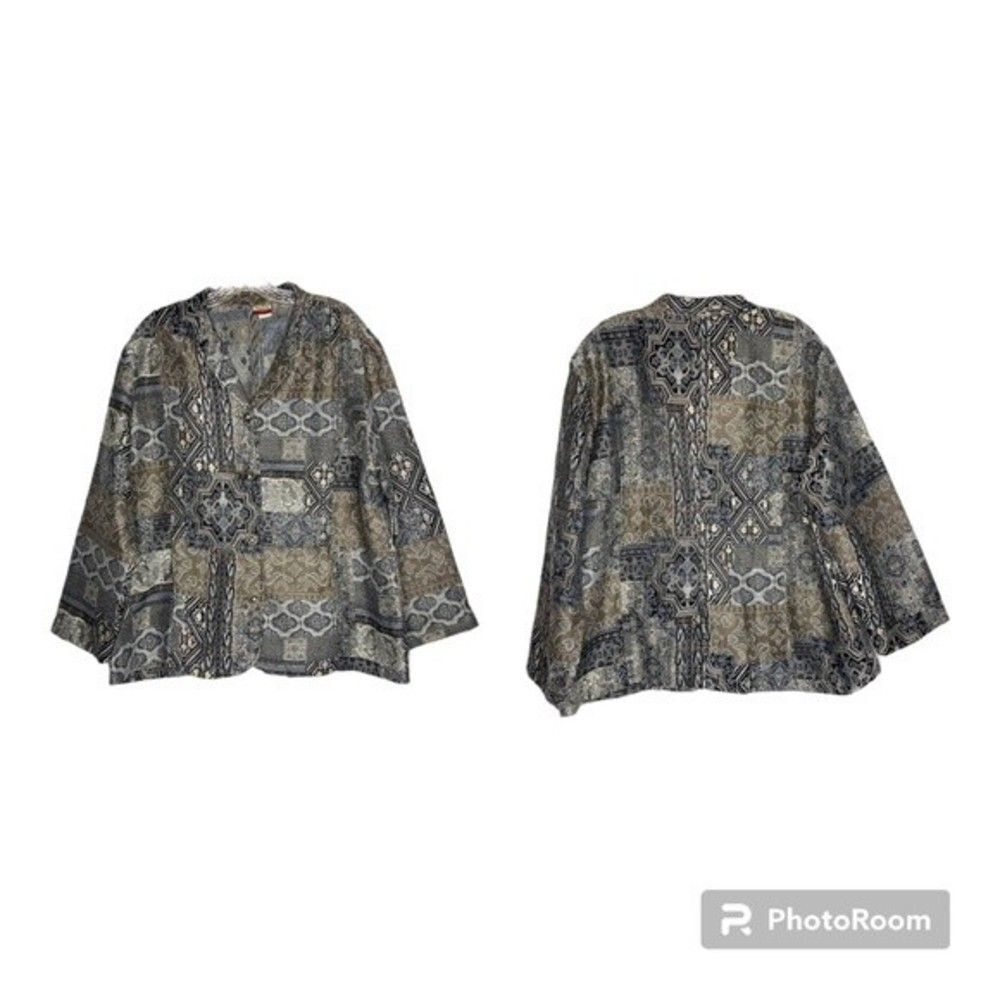 Haband Tudor Court Gray Blue Tapestry Floral Blazer Jacket Silver Buttons XL